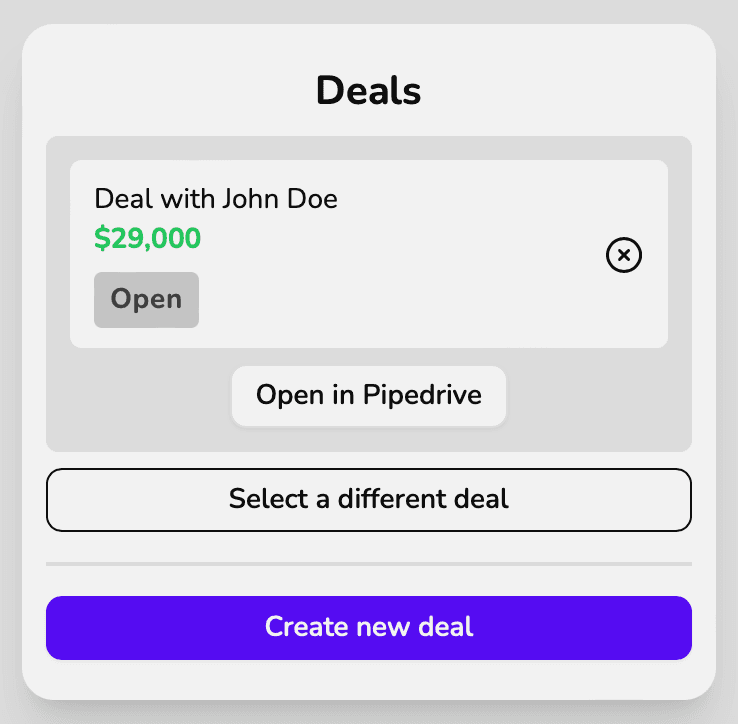 Screenshot of a selected deal